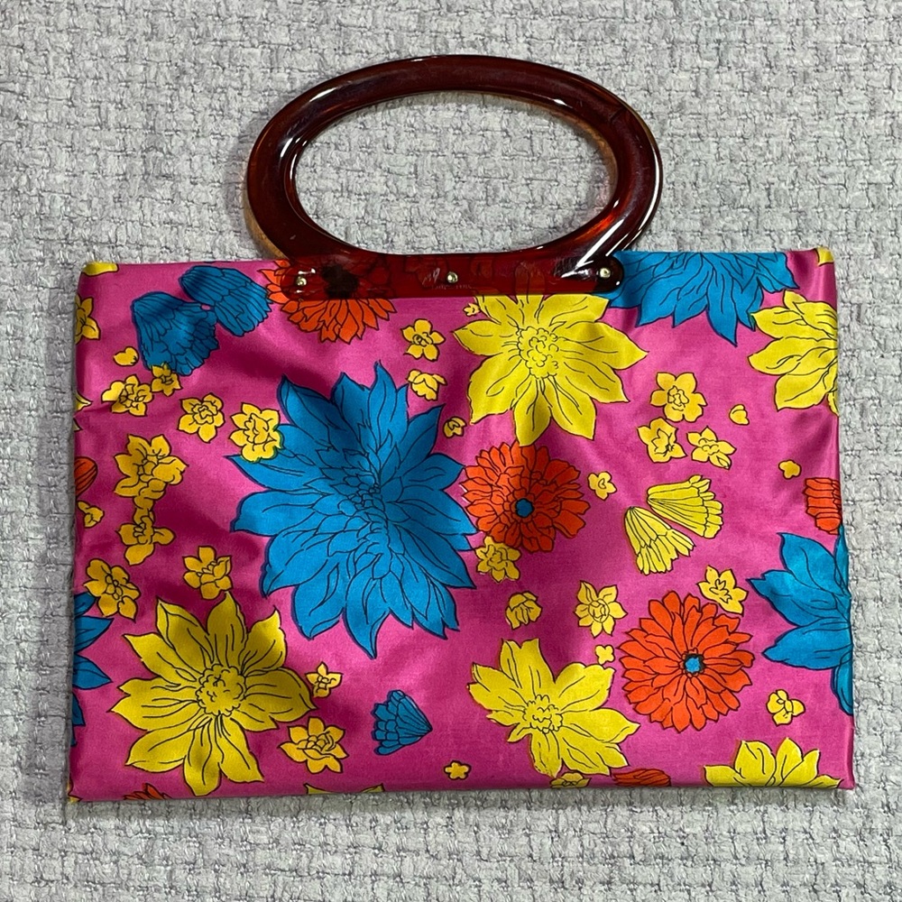 Vtg 70s Ladies Pride Pink Multi Lucite Handled Fabric Foldable Satchel Tote Bag
